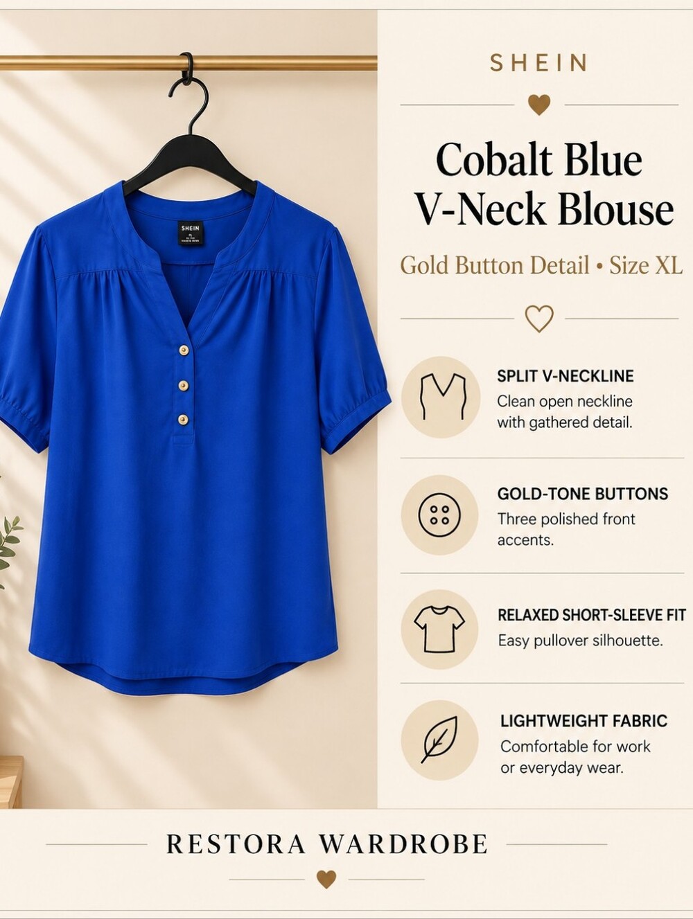 SHEIN Cobalt Blue V-Neck Blouse Gold Button Short Sleeve XL